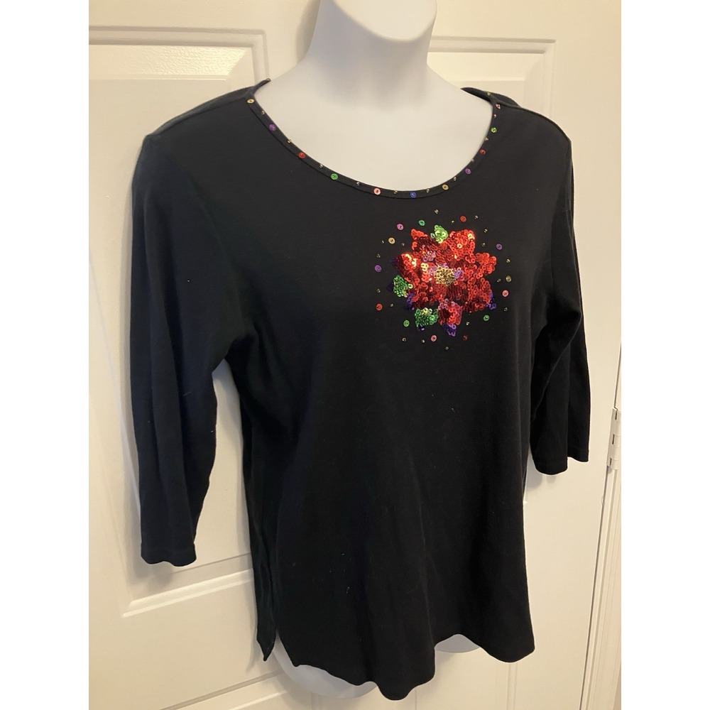 Quacker Factory Shirt Women's Sz  Large Black‎ 3/4 Sleeve Sequin Red Flower - Picture 3 of 6